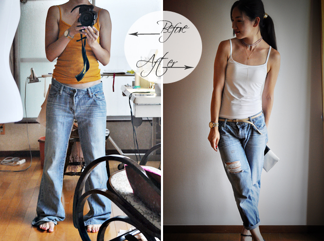 Before and After of DIY Distressed Denim by Vivat Veritas