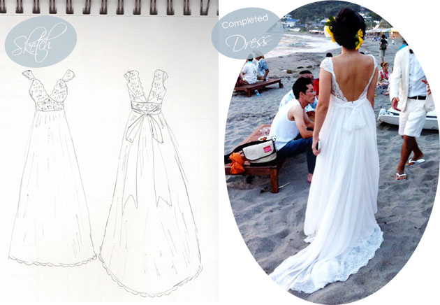 mie wedding dress sketch and completed dress