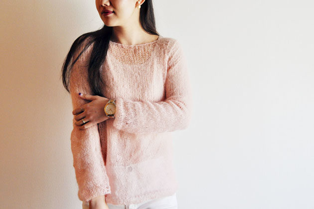 パステルピンク　モヘア　手編み　セーター