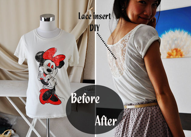 lace insert tshirt diy before and after