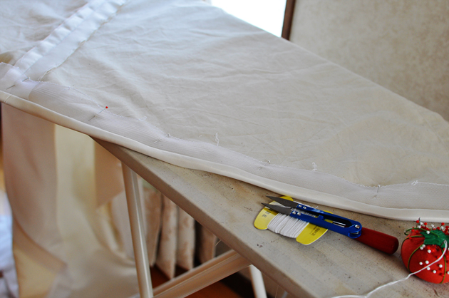 hemming the wedding dress with horsehair braid