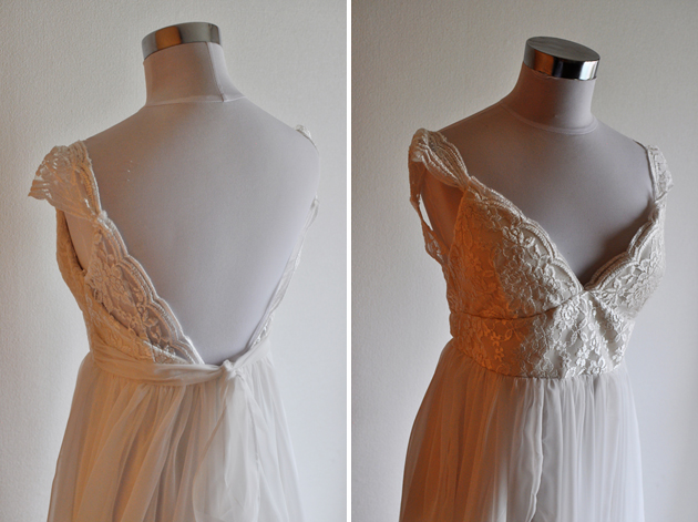 beachy wedding dress front and back close up