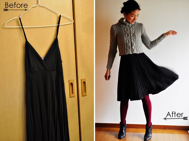 Before and After of Dress to Pleated Skirt DIY Vivat Veritas