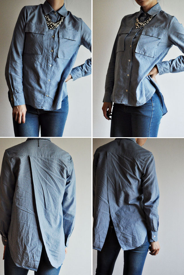 Handmade chambray button down with a cross over back