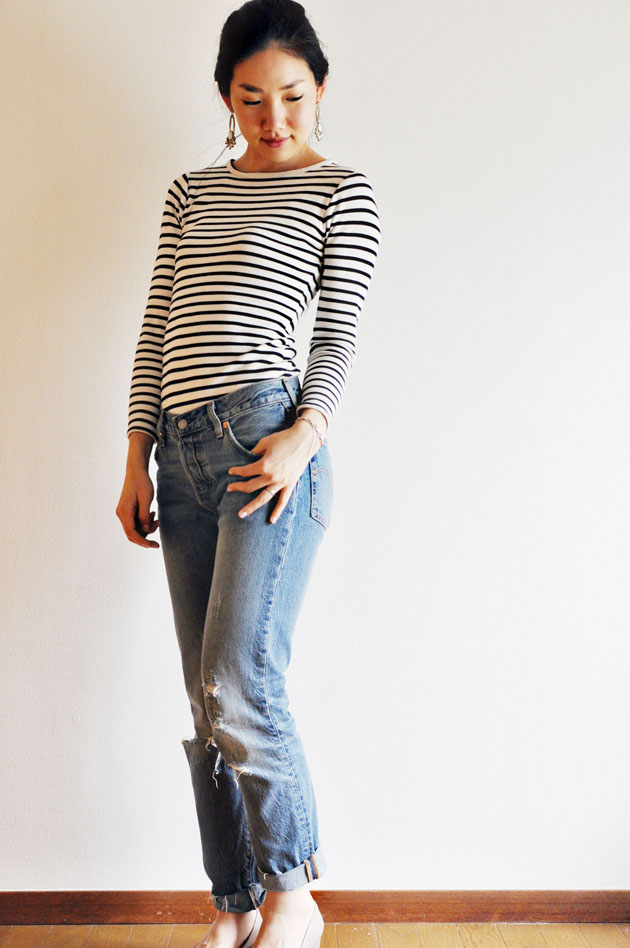 stripes body suit and levis 501 jeans1