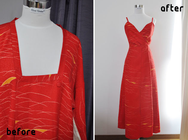red kimono dress before after